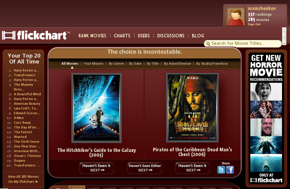 Flickchart Your Own Top 20 Movies Of All Times Blog Of Leonid Mamchenkov